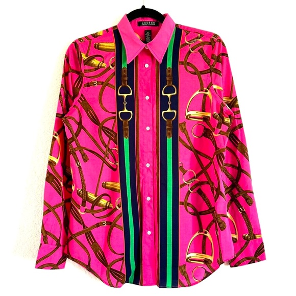 RALPH LAUREN Rare Pink Equestrian Horse Bit Stirrup Beautiful Luxury Blouse Sm - Picture 6 of 15